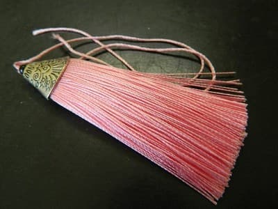 80MM Pearl Pink Polyester Tassels Pendant With Silver Alloy Tibetan Cap Finding - Image 1