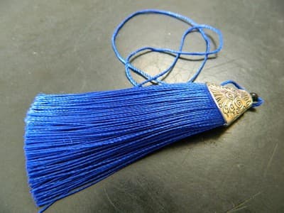 80MM Medium Blue Polyester Tassels Pendant With Silver Alloy Tibetan Cap - Thumbnail 2