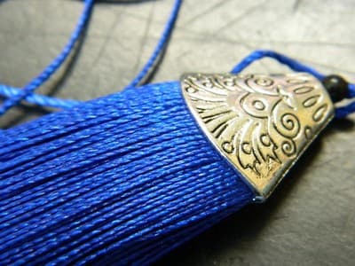80MM Medium Blue Polyester Tassels Pendant With Silver Alloy Tibetan Cap - Thumbnail 3
