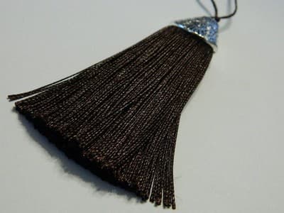 10x 80MM Coconut Brown Polyester Tassels Pendant With Silver Alloy Tibetan Cap - Thumbnail 2