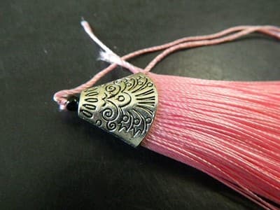80MM Pearl Pink Polyester Tassels Pendant With Silver Alloy Tibetan Cap Finding - Thumbnail 3