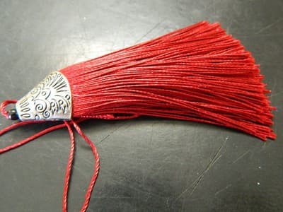 10x80mmDark Red Polyester Tassels Pendant With Silver Alloy Tibetan Cap - Thumbnail 2