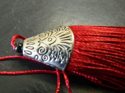 10x80mmDark Red Polyester Tassels Pendant With Silver Alloy Tibetan Cap - Thumbnail 3