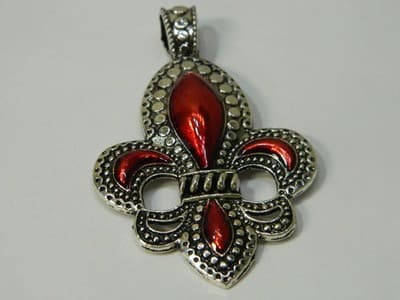 x 73MM Fleur De Lis Statement Pendant - Fleur-De-Lis Antiqued Silver and Red - Thumbnail 3