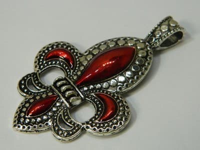x 73MM Fleur De Lis Statement Pendant - Fleur-De-Lis Antiqued Silver and Red - Thumbnail 4