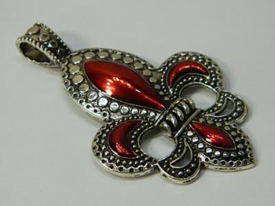 x 73MM Fleur De Lis Statement Pendant - Fleur-De-Lis Antiqued Silver and Red - Thumbnail 2
