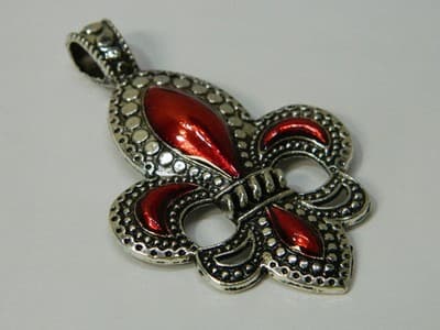 x 73MM Fleur De Lis Statement Pendant - Fleur-De-Lis Antiqued Silver and Red - Thumbnail 5