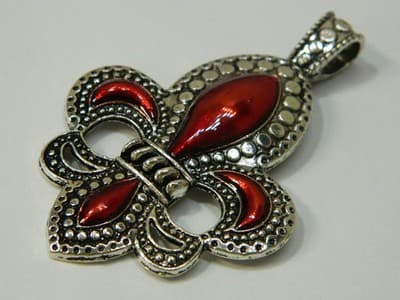 x 73MM Fleur De Lis Statement Pendant - Fleur-De-Lis Antiqued Silver and Red - Image 1