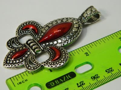 x 73MM Fleur De Lis Statement Pendant - Fleur-De-Lis Antiqued Silver and Red - Thumbnail 7