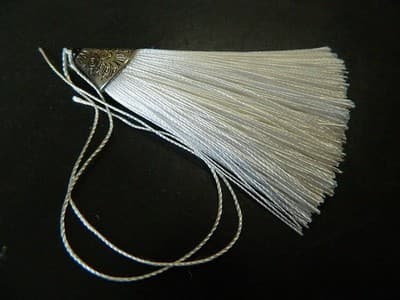 80MM White Polyester Tassels Pendant With Silver Alloy Tibetan Cap Finding - - Thumbnail 2