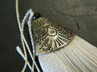 80MM White Polyester Tassels Pendant With Silver Alloy Tibetan Cap Finding - - Thumbnail 3
