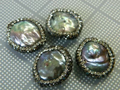 Flat Round Abalone Shell Beads /White & Black Rhinestone - Shell Rhinestone - Thumbnail 3