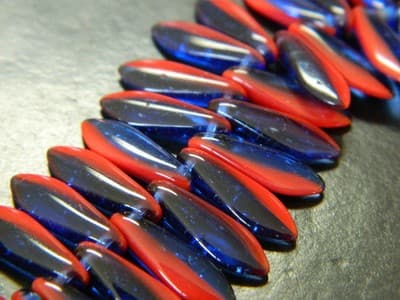 16x5mm Red & Blue Czech Boho Glass Dagger Beads - Czech Opaque Luster Dagger - Thumbnail 5