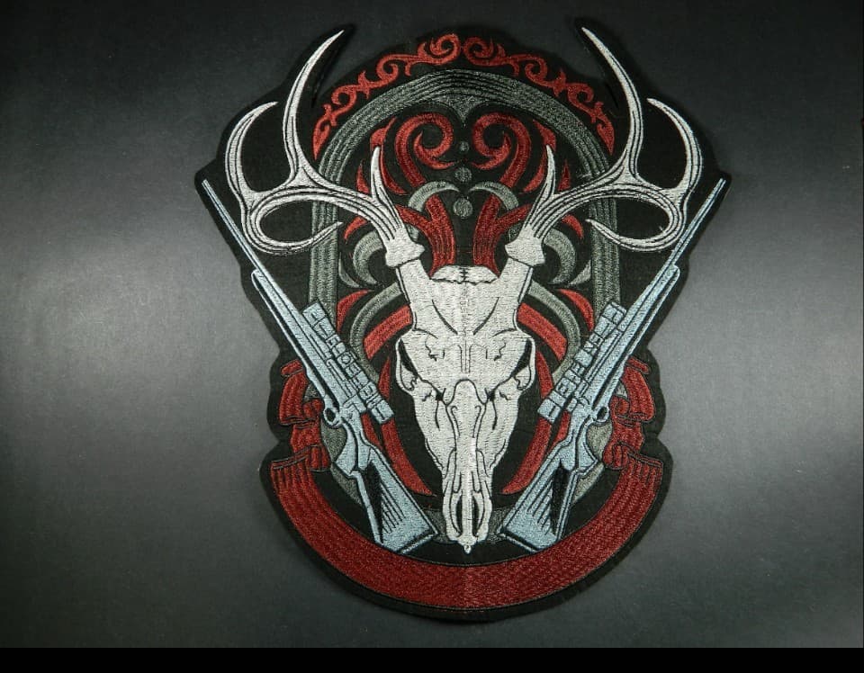 Massive (14”x12”) Deer Skull Embrodery Patch-Hunting Rifle Iron -on - Image 1