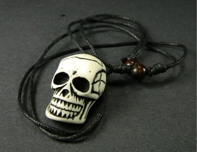 39MM Yak Bone Dust Black and White Skull Amulet Pendant On Wax Cord- Yak Bone & - Image 1