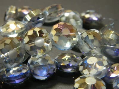 14MM Steel Blue Transparent Starburst Pattern Rainbow Plated Faceted Flat Round - Thumbnail 4