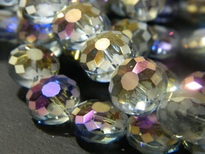 14MM Steel Blue Transparent Starburst Pattern Rainbow Plated Faceted Flat Round - Thumbnail 2