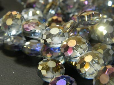 14MM Steel Blue Transparent Starburst Pattern Rainbow Plated Faceted Flat Round - Image 1