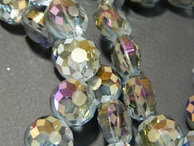 14MM Steel Blue Transparent Starburst Pattern Rainbow Plated Faceted Flat Round - Thumbnail 7