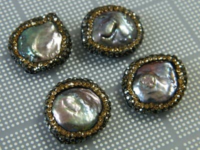 Flat Round Abalone Paua Shell Beads With Gold & Black Rhinestones - Large Shell - Thumbnail 2