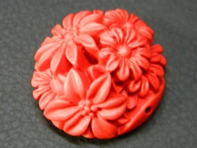 31MM Large Red Cinnabar Floral Flowers Pendant Beads - Jewelers Cinnabar Round - Thumbnail 3