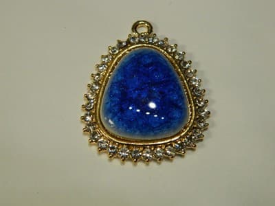 40MM Flat Drop Porcelain & Rhinestone Gold Necklace Pendant -Golden Bezel - Thumbnail 2