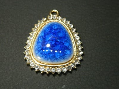 40MM Flat Drop Porcelain & Rhinestone Gold Necklace Pendant -Golden Bezel - Thumbnail 3