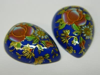 25x18MM Printed Blue Glass Cabochons - 3 Vintage Floral Flat Drop Glass Cabs - Thumbnail 3