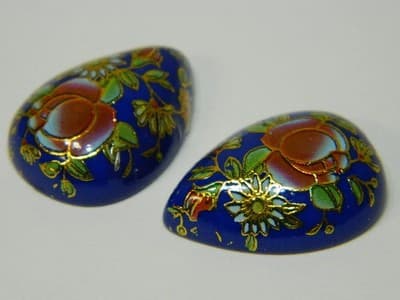 25x18MM Printed Blue Glass Cabochons - 3 Vintage Floral Flat Drop Glass Cabs - Image 1