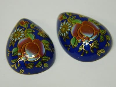 25x18MM Printed Blue Glass Cabochons - 3 Vintage Floral Flat Drop Glass Cabs - Thumbnail 2