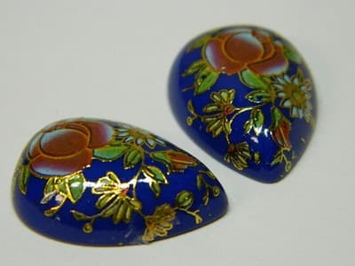25x18MM Printed Blue Glass Cabochons - 3 Vintage Floral Flat Drop Glass Cabs - Thumbnail 7