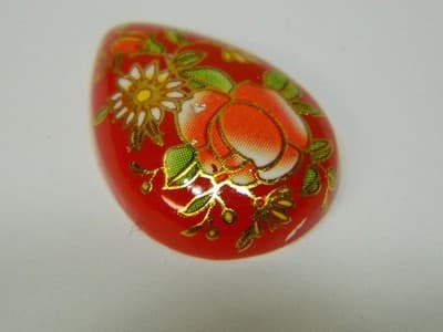 25x18MM Printed Red Glass Cabochons -3 Vintage Style Floral Flat Drop Glass Cabs - Thumbnail 7