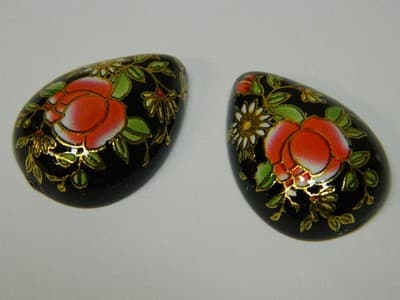 25x18MM Printed Black Glass Cabochons- 3Vintage Style Floral Flat Drop Cabs Per - Image 1