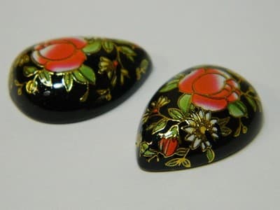 25x18MM Printed Black Glass Cabochons- 3Vintage Style Floral Flat Drop Cabs Per - Thumbnail 2