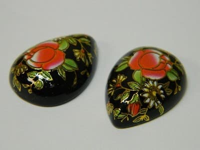 25x18MM Printed Black Glass Cabochons- 3Vintage Style Floral Flat Drop Cabs Per - Thumbnail 4