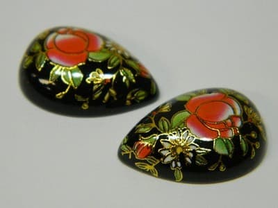 25x18MM Printed Black Glass Cabochons- 3Vintage Style Floral Flat Drop Cabs Per - Thumbnail 5