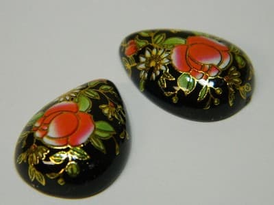 25x18MM Printed Black Glass Cabochons- 3Vintage Style Floral Flat Drop Cabs Per - Thumbnail 7