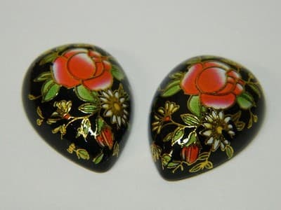 25x18MM Printed Black Glass Cabochons- 3Vintage Style Floral Flat Drop Cabs Per - Thumbnail 6