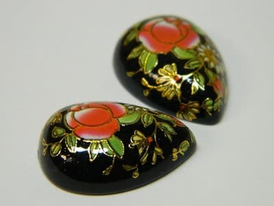 25x18MM Printed Black Glass Cabochons- 3Vintage Style Floral Flat Drop Cabs Per - Thumbnail 3