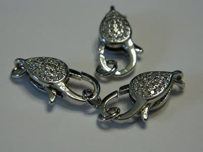 20MM Brass Platinum / Silver Tone Pave Grade AAA Cubic Zirconia Lobster Claw - Thumbnail 3