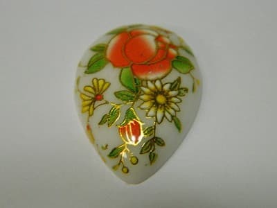 25x18MM Printed White Glass Cabochons - 3 Vintage Floral Flat Drop Glass Cabs Pe - Thumbnail 4