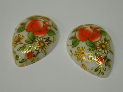 25x18MM Printed White Glass Cabochons - 3 Vintage Floral Flat Drop Glass Cabs Pe - Thumbnail 5