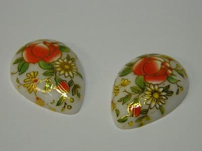 25x18MM Printed White Glass Cabochons - 3 Vintage Floral Flat Drop Glass Cabs Pe - Thumbnail 3