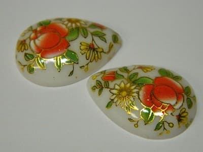 25x18MM Printed White Glass Cabochons - 3 Vintage Floral Flat Drop Glass Cabs Pe - Thumbnail 6