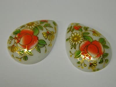 25x18MM Printed White Glass Cabochons - 3 Vintage Floral Flat Drop Glass Cabs Pe - Thumbnail 7