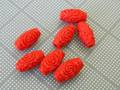 17.5MM Carved Lacquer-Ware Floral Red Cinnabar Barrel Beads-Bright Red Carved - Thumbnail 6