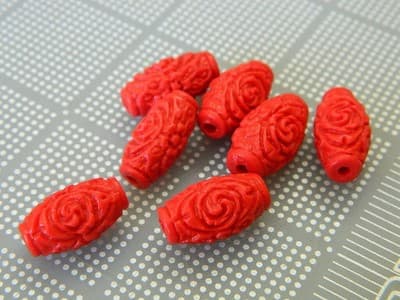 17.5MM Carved Lacquer-Ware Floral Red Cinnabar Barrel Beads-Bright Red Carved - Thumbnail 3