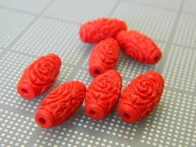 17.5MM Carved Lacquer-Ware Floral Red Cinnabar Barrel Beads-Bright Red Carved - Thumbnail 7