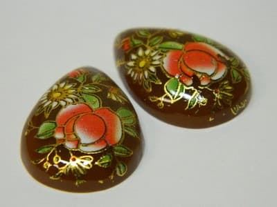 25x18MM Printed Brown Glass Cabochons - Vintage Floral Flat Drop Glass Cab - Thumbnail 2