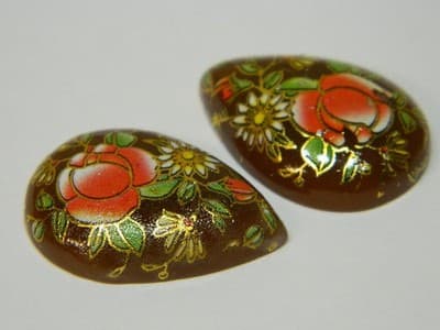 25x18MM Printed Brown Glass Cabochons - Vintage Floral Flat Drop Glass Cab - Image 1